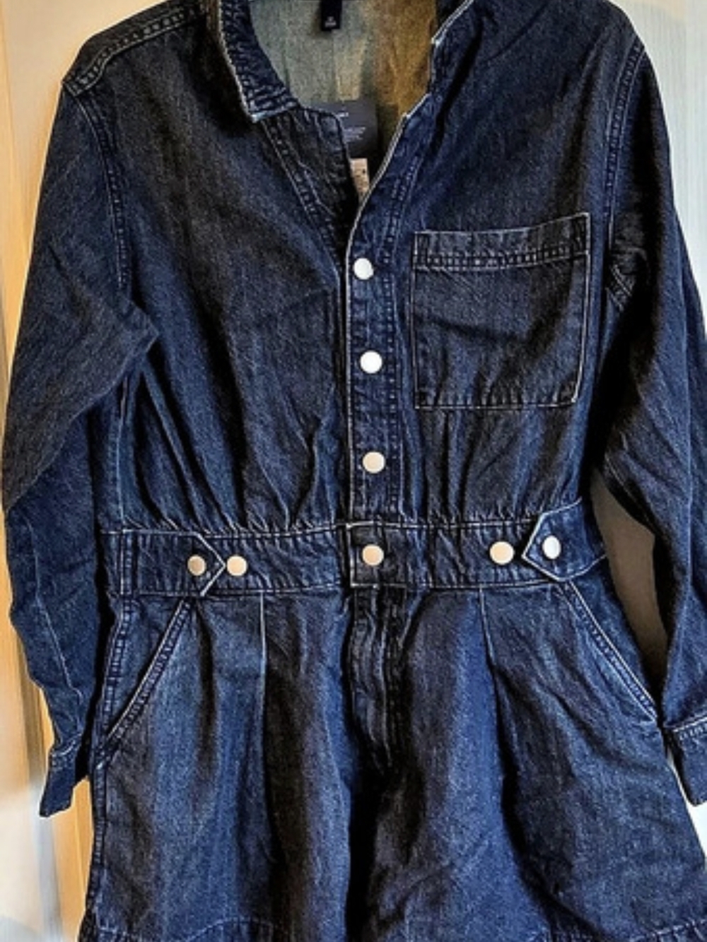 Universal Thread Long Sleeve Button-Down Pleated Denim Romper Pleated Denim